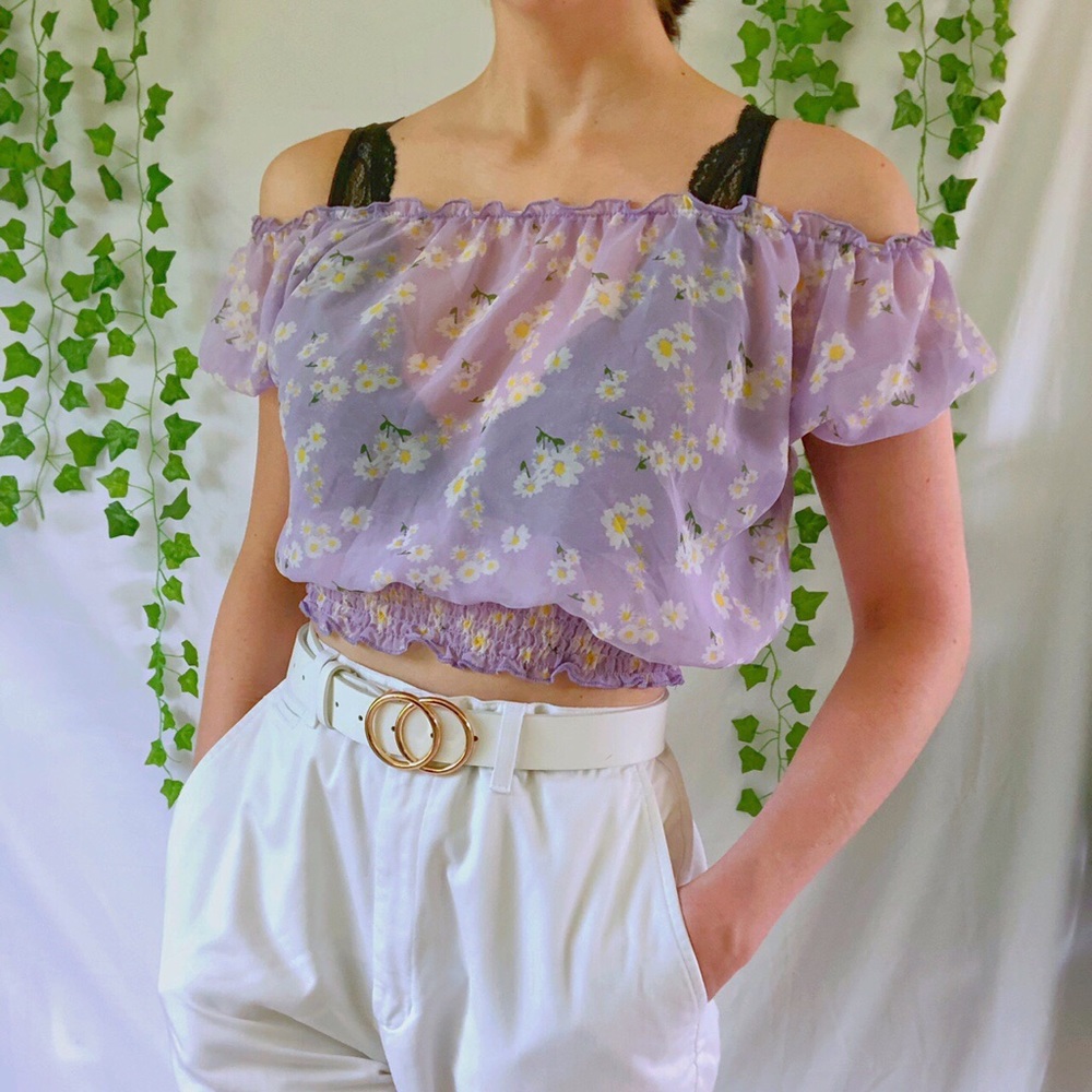 Vintage Y2k Sheer Pastel Lavender Floral Crop Top Gem